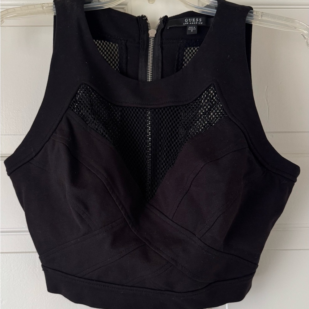 GUESS Black Sleeveless Crop Top with Mesh Detail
